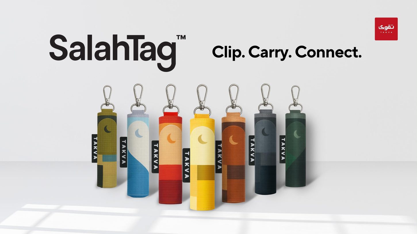SalahTag portable prayer mats in 7 colors with carabiner clips, tagline Clip Carry Connect by TAKVA